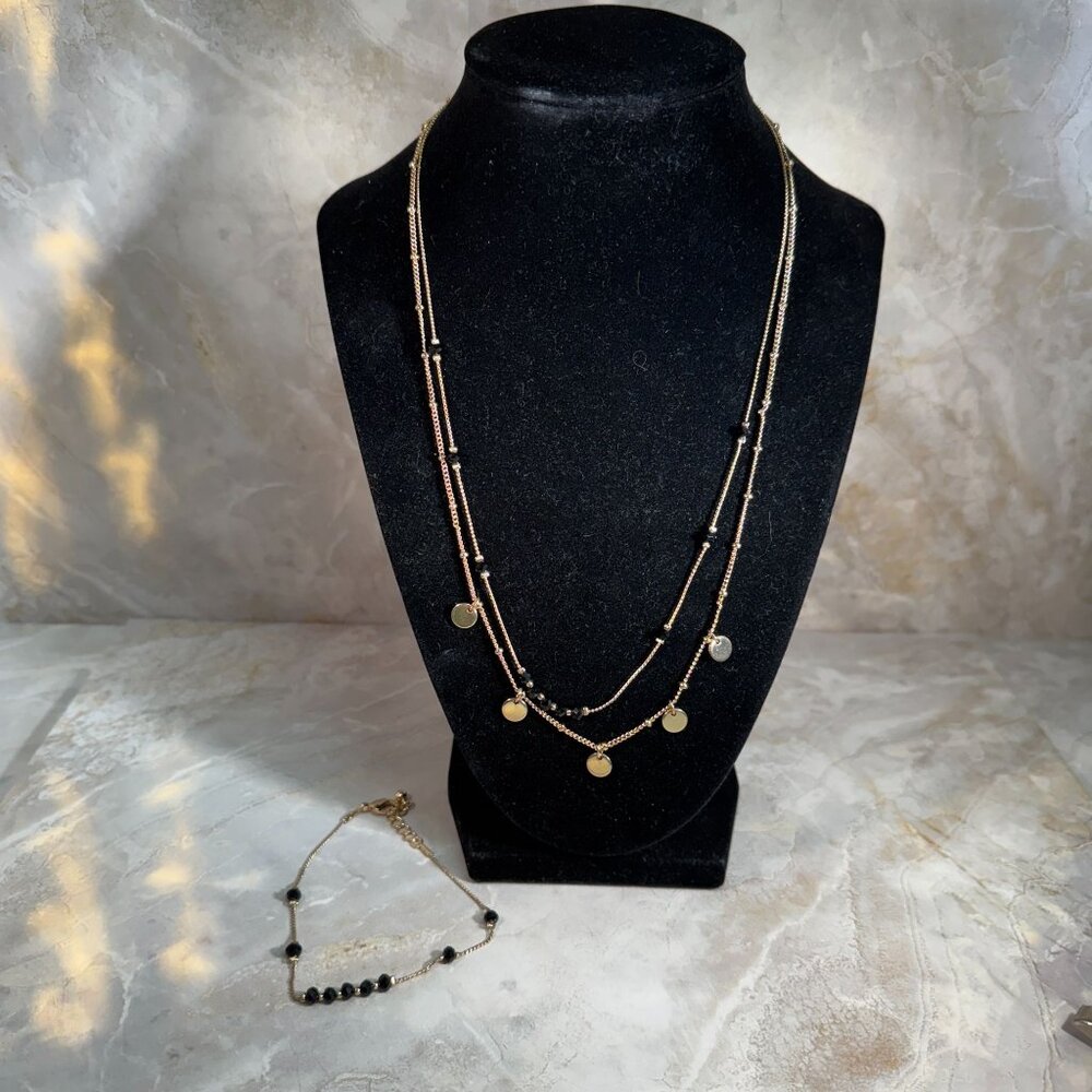 Layered Gold & Black Beaded Necklace Set With matching Bracelet Signed NRQ - Picture 2 of 8